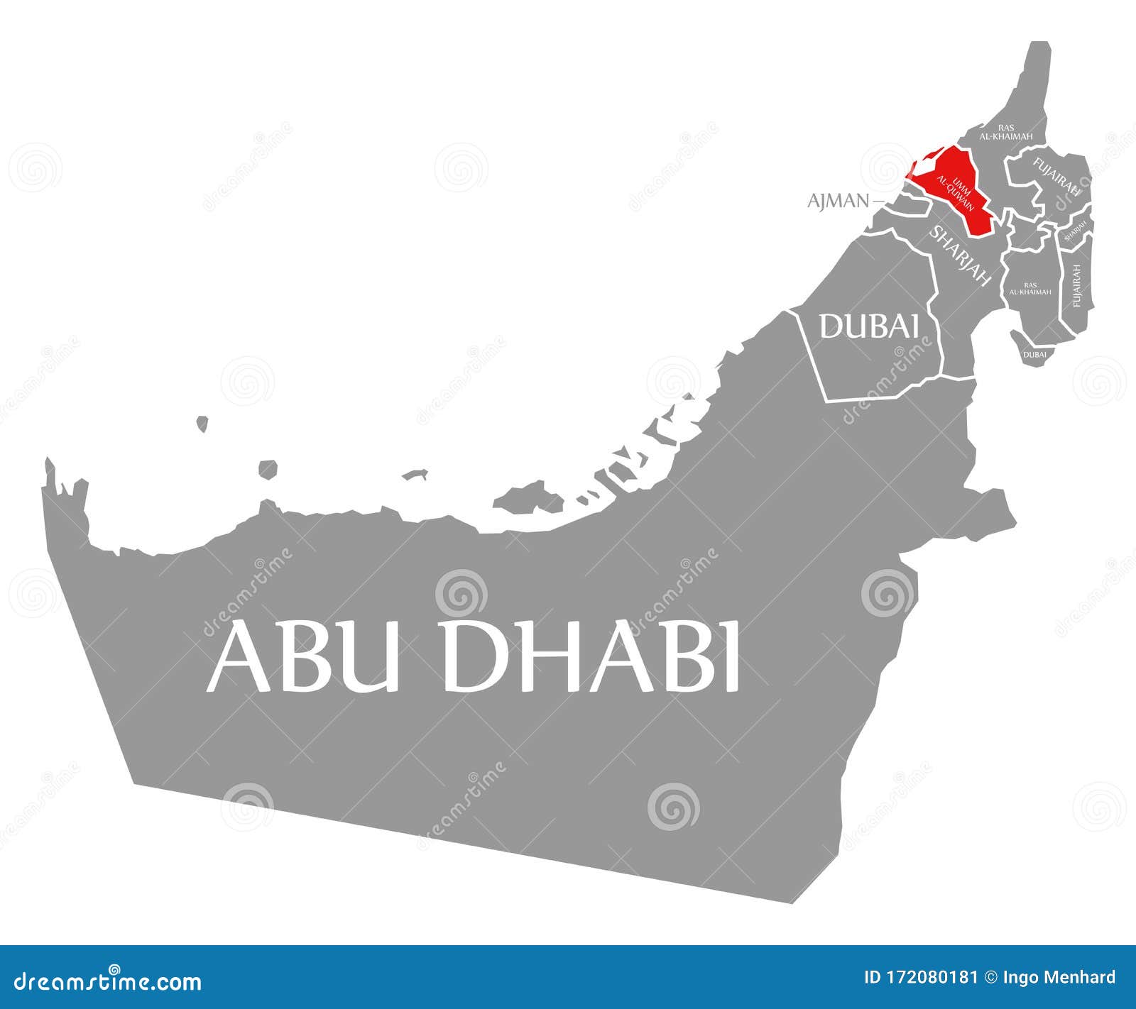 umm al quwain red highlighted in map of united arab emirates