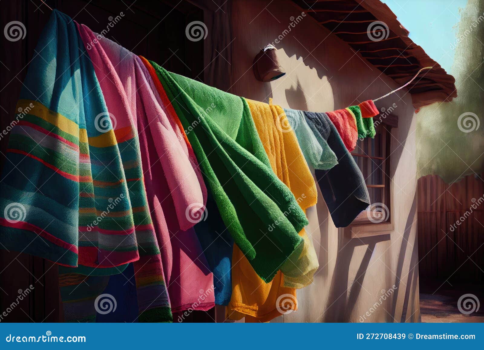 Un étendoir Avec Draps De Serviettes Colorés Et Fraîchement Lavés Et Autres  Draps Illustration Stock - Illustration du clothesline, douceur: 272708439