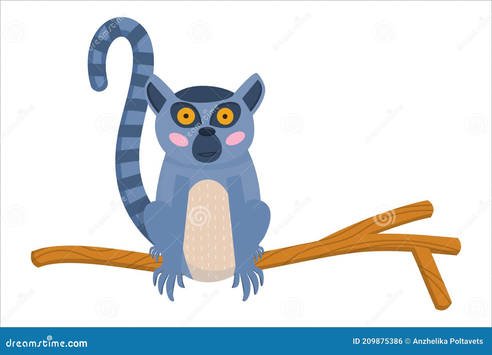 Un Animal De Madagascar. Un Lemur Con Ojos Grandes Se Sienta En Una Rama De  árbol Con La Cola a Rayas Levantada Aislada Contra Un Ilustración del  Vector - Ilustración de diferente,