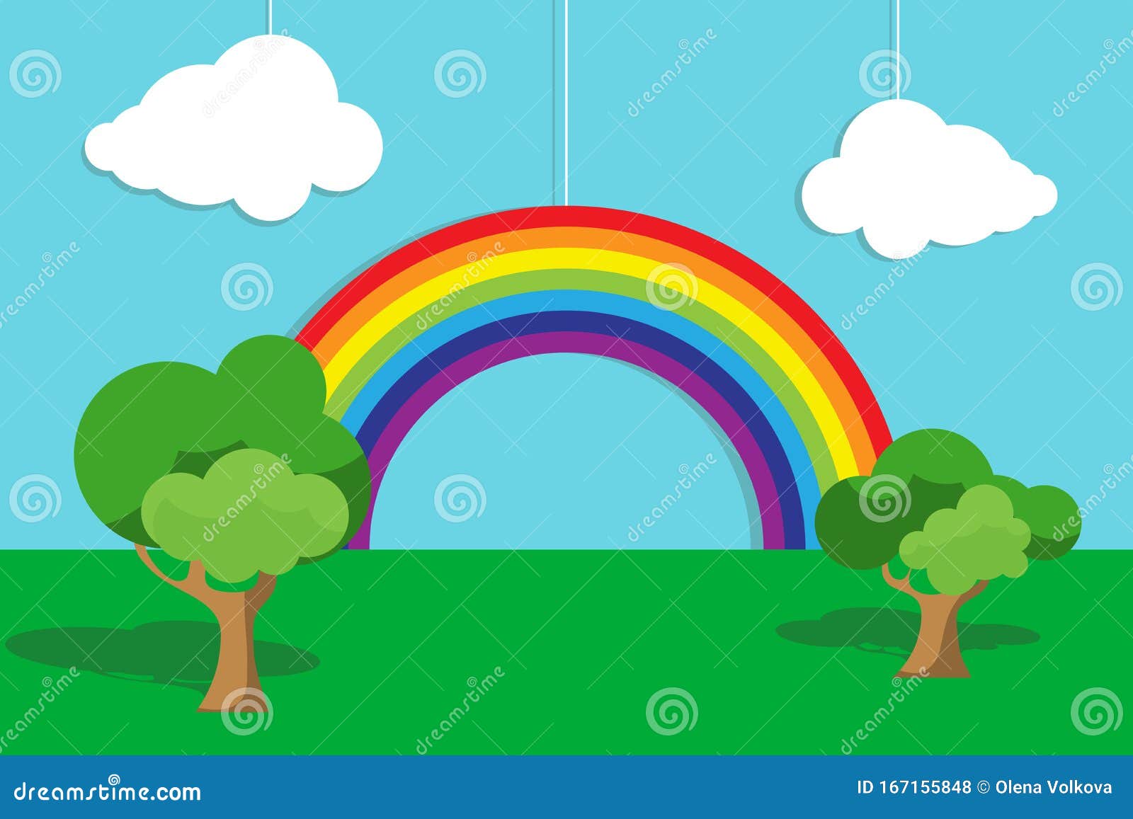 Un Arcoiris De Dibujos Animados Con Nubes Y Arboles Ilustracion Vectorial De Un Arco Iris Sobre Un Fondo Azul Stock De Ilustracion Ilustracion De Cubo Lindo