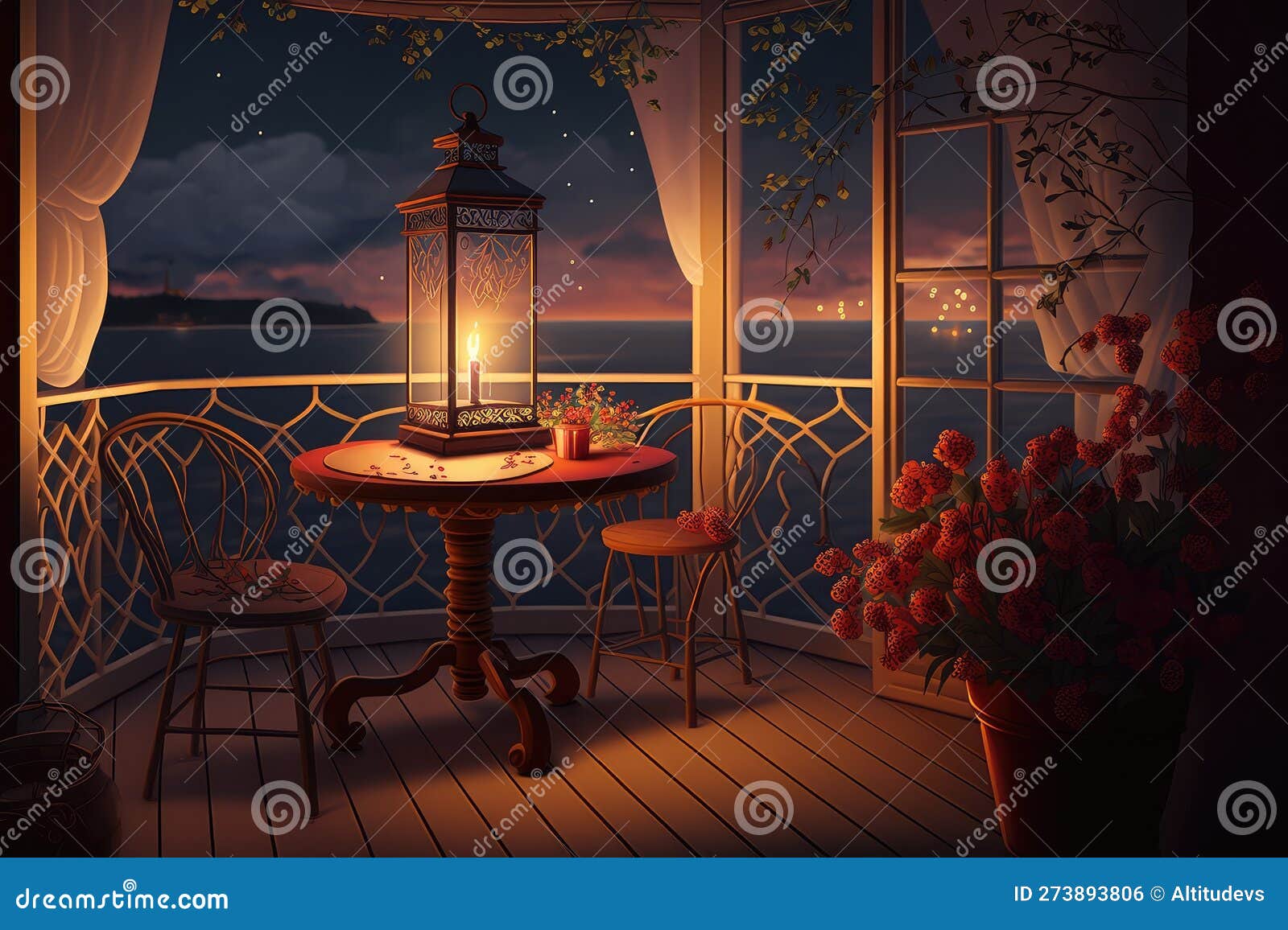 génératif ai, confortable balcon dans le soirée avec lanterne