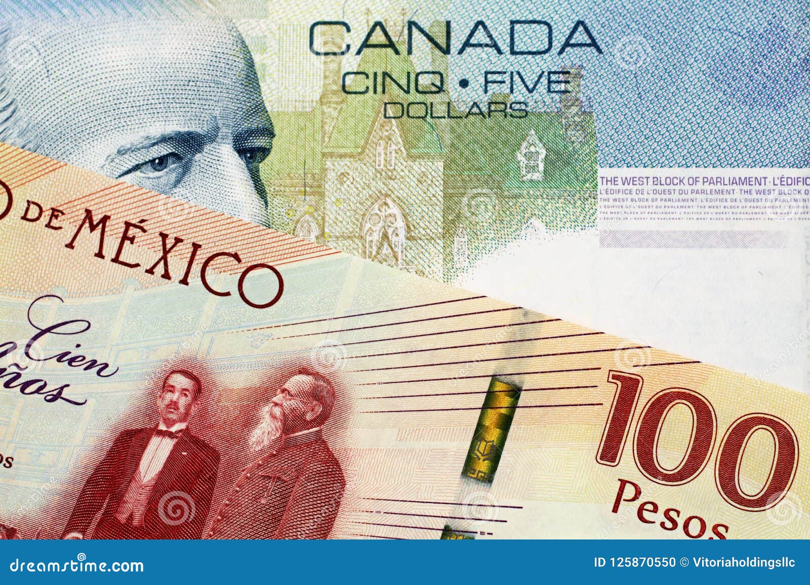 Un Billete De D lar Del Canadiense 5 Con Una Nota Mexicana De 100 Pesos d-lar-canadiense-billetes-en-circulaci-n-por-canad-icambio