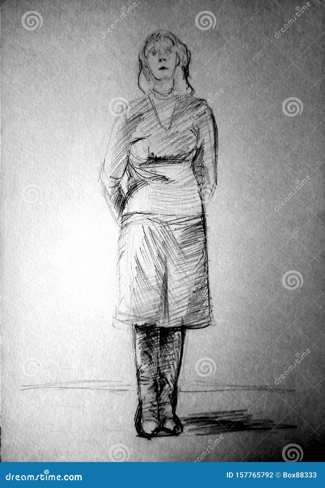 Un Bosquejo De Una Joven En Pie Vestida Con Las Manos Detrás De Su Espalda. Dibujo De Lápiz Foto de archivo - Imagen de papel, vestido: 157765792 Un Bosquejo De Una Joven En Pie Vestida Con Las Manos Detrás De Su Espalda. Dibujo De Lápiz Foto de archivo - Imagen de papel, vestido: 157765792