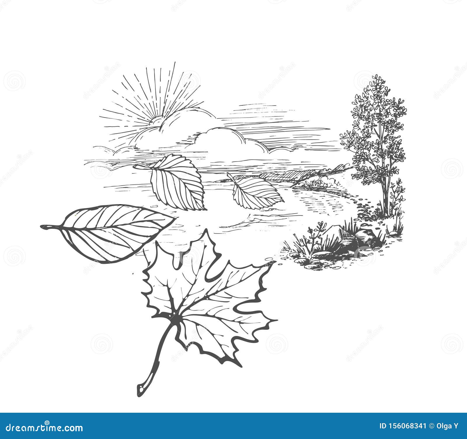 Un Disegno A Mano Su Un Tema Autunnale Paesaggio Con Alberi Sole E Foglie Cadute Volanti Illustrazione Vettoriale Illustrazione Di Background Disegno