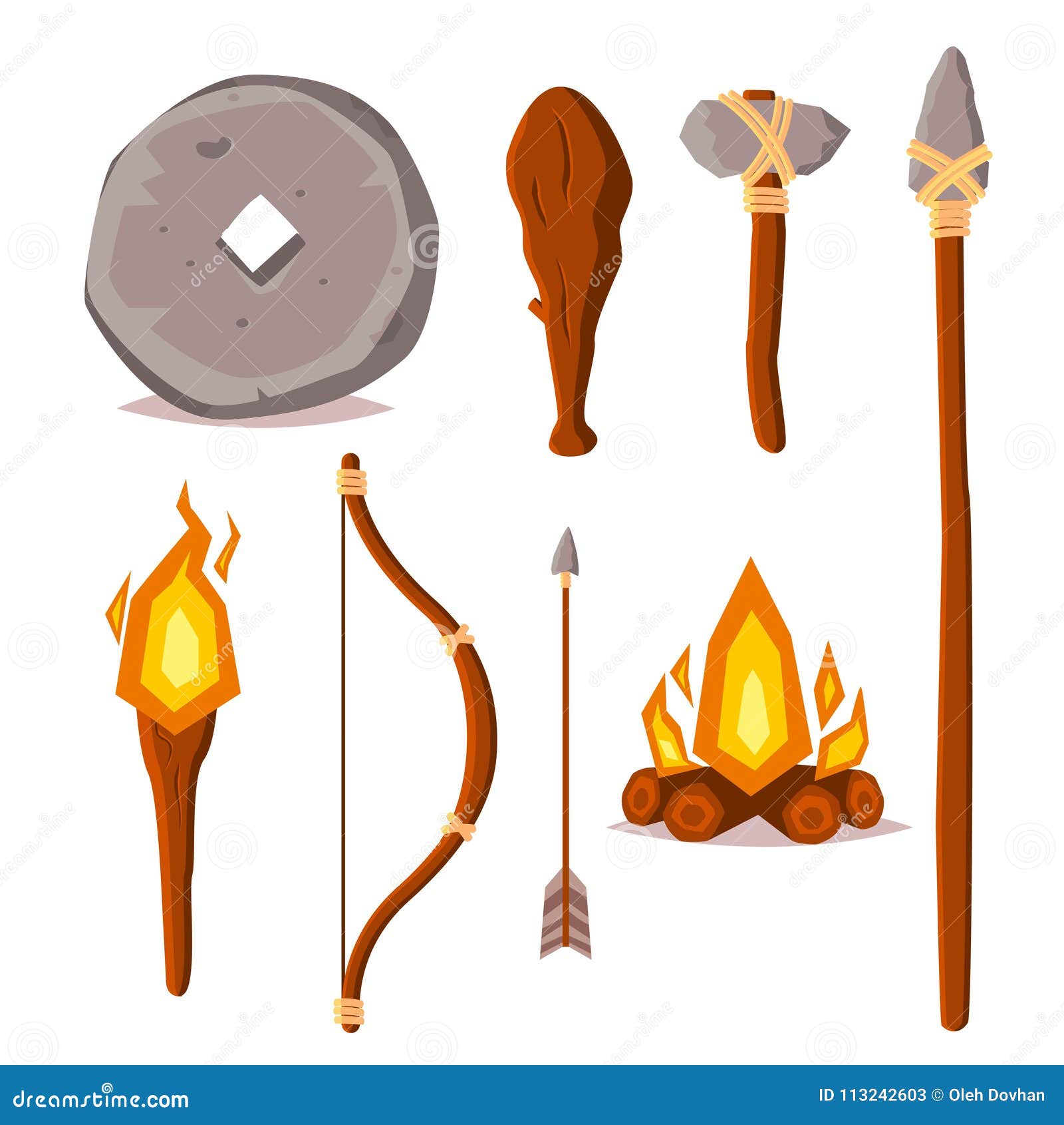 Un Ensemble D'éléments De L'âge De Pierre Illustration De Type De Dessin  Animé Roue En Pierre, Lance, Hache, Plomb En Bois, Torch Illustration Stock  - Illustration du torch, plomb: 113242603