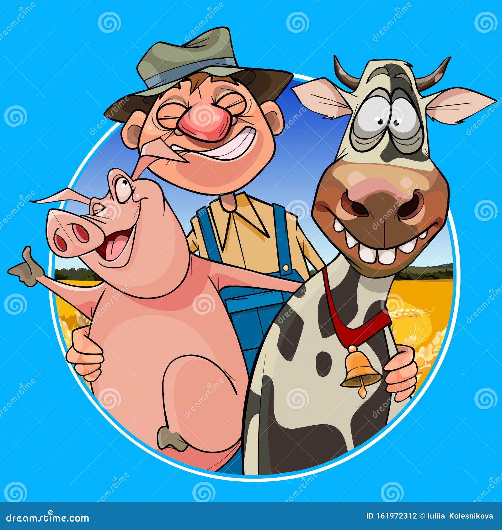 Un Fermier Joyeux En Caricature Embrassant Un Cochon Et Une Vache Illustration De Vecteur Illustration Du Caricature Cochon