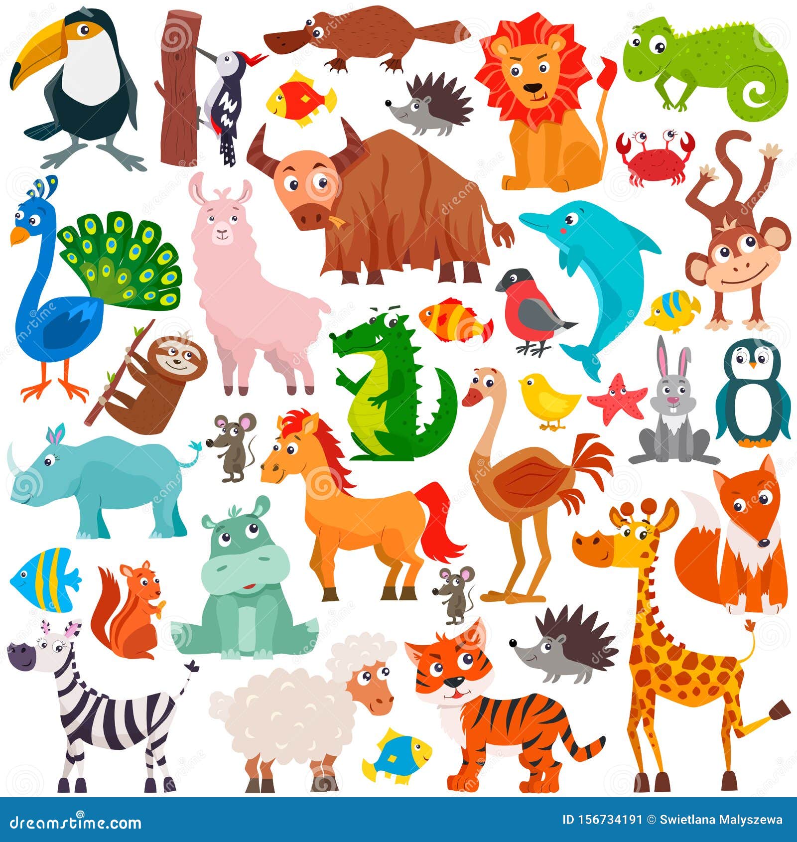 Un Gran Grupo De Tiernos Animales De Dibujos Animados. IlustraciÃ³n Del  Vector Stock de ilustración - Ilustración de plano, hipoglucemia: 156734191