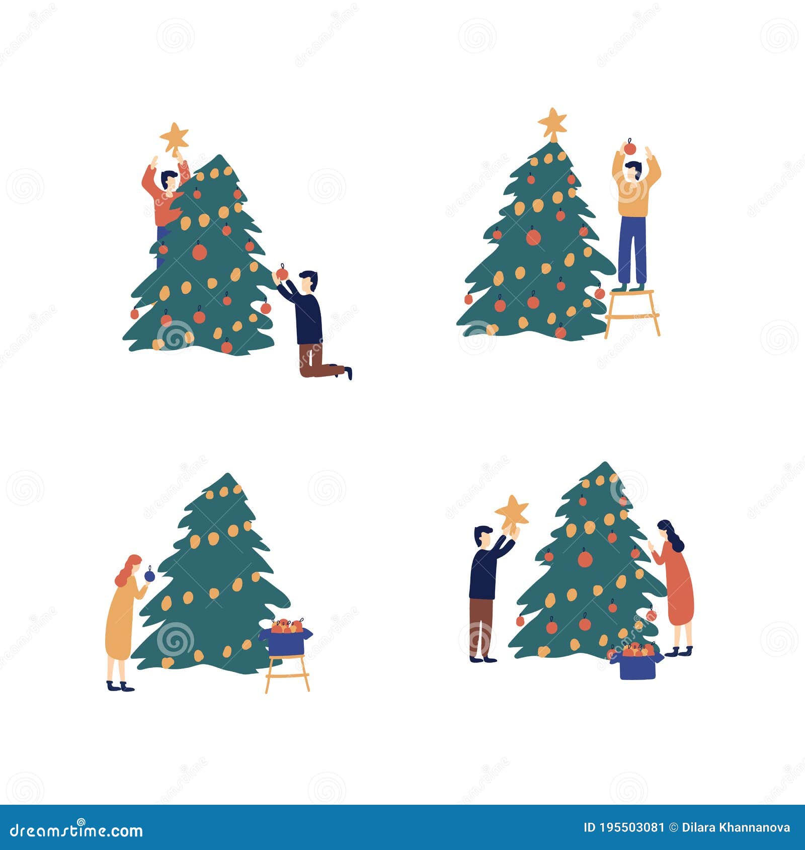 Un Grupo De Personas Preparándose Para Las Vacaciones De Invierno. Vestir  El árbol De Navidad Y Preparar Regalos Para Cada Uno Ilustración del Vector  - Ilustración de aislado, persona: 195503081