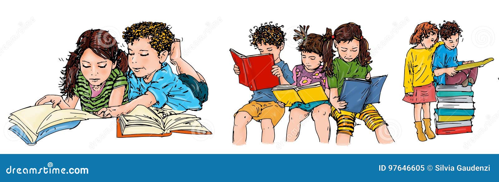 Bambini che leggono libri in biblioteca. libro da colorare. illustrazione  vettoriale. isolato su sfondo bianco
