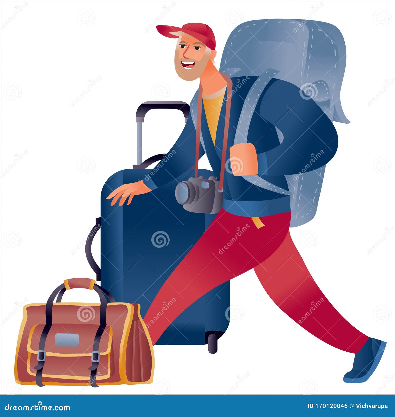 Un Hombre Con Una Mochila Y Una Está Caminando Y Parado a Su Lado Es Una Maleta Y Una Bolsa Grande, Equipaje De Mano Ilustración del Vector - de