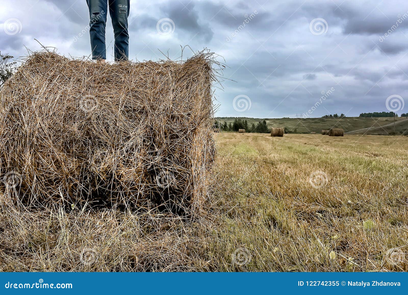 Un hombre se coloca en un pajar en el campo, agricultura