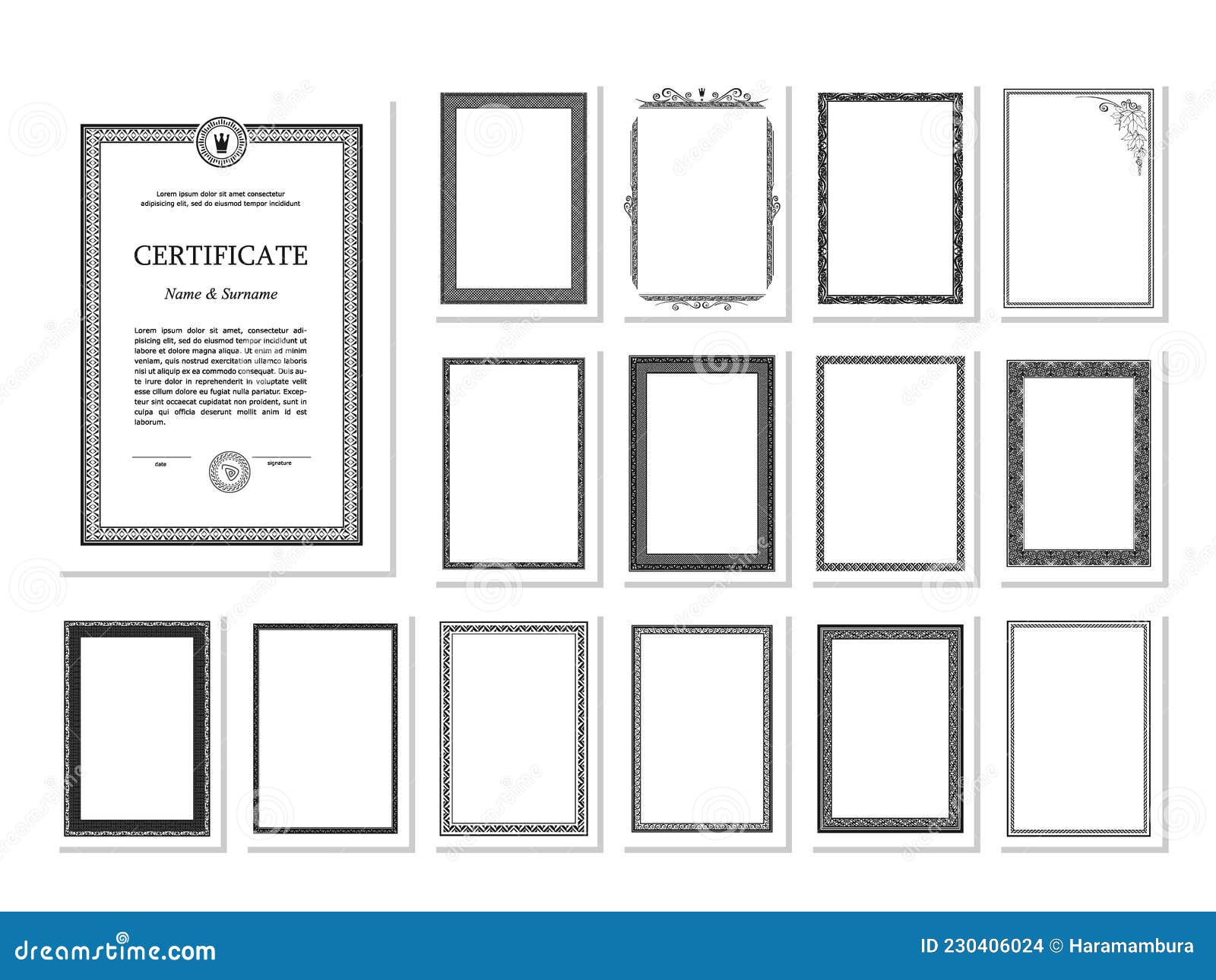 Un Insieme Di Quindici Cornici Nere Verticali Per Certificati Diplomi E  Simili. Comprende La Cornice Grafica Vintage E Austera Illustrazione  Vettoriale - Illustrazione di etichetta, elegante: 230406024