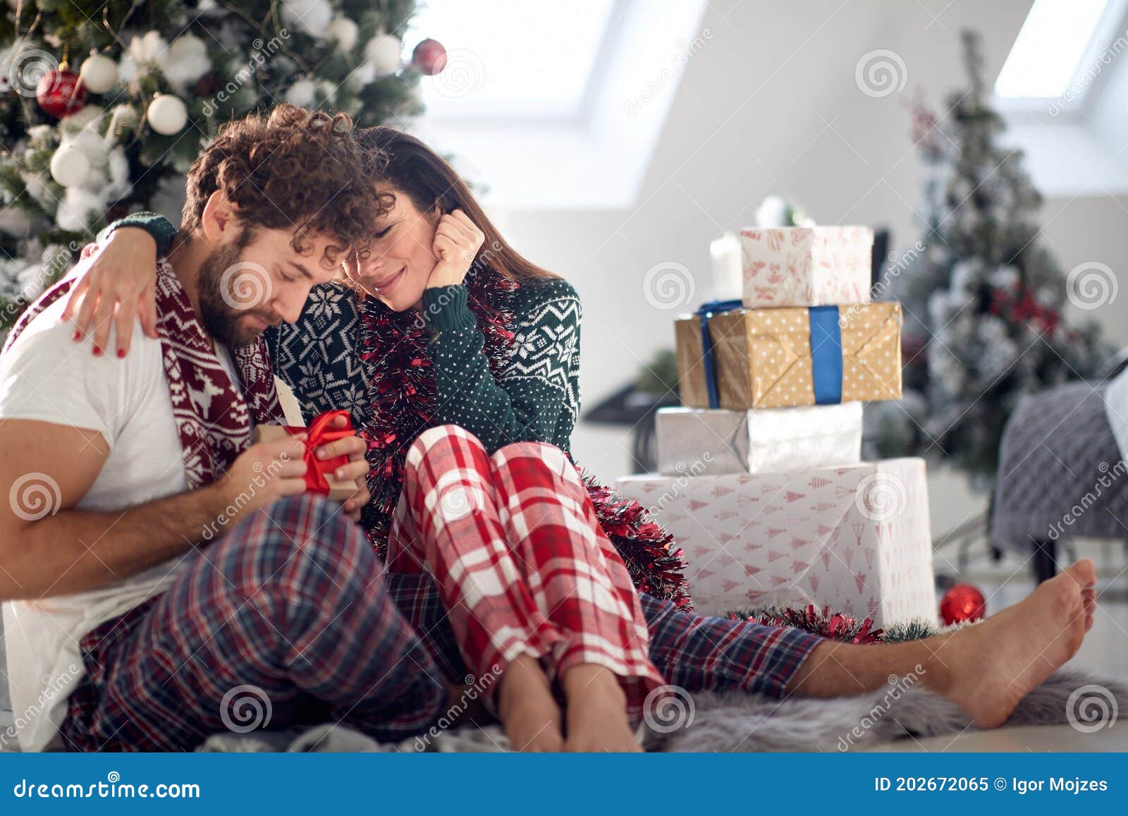 Jeune Couple Assis Près De L'arbre De Noël, Petite Amie Donnant Un