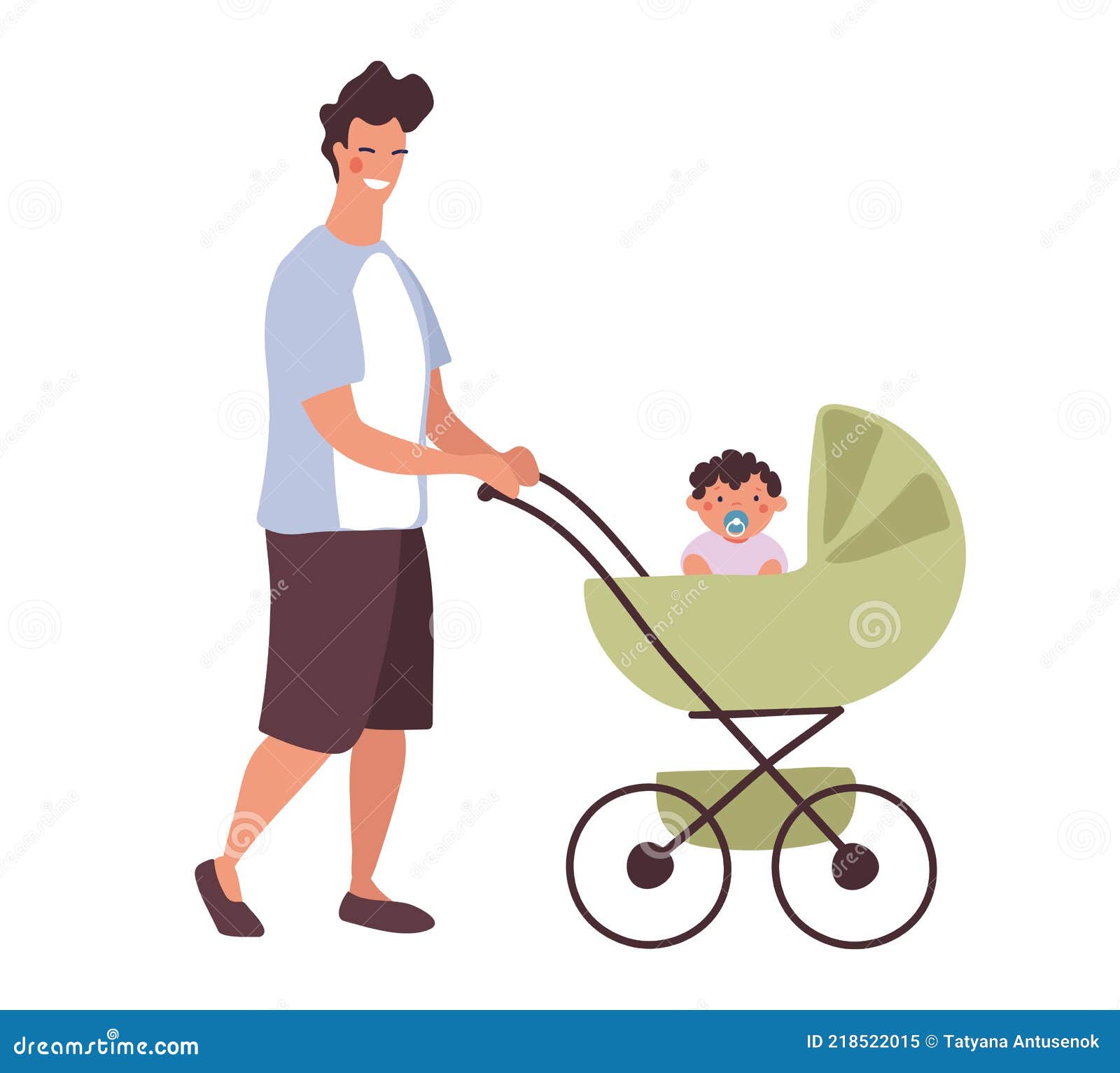 Un Jeune Papa Marche Avec Un Bébé Dans Une Poussette. Un Homme Avec Un  Nouveau-né Sur Une Promenade Dans Une Voiture De Bébé. Cara Illustration de  Vecteur - Illustration du stationnement, ramassage