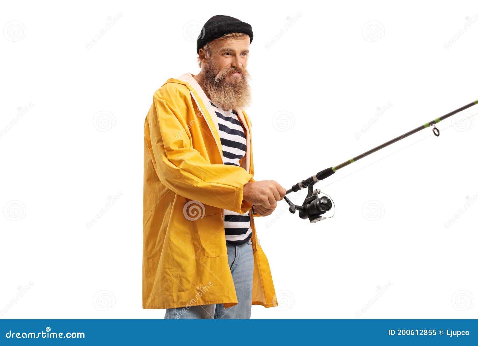 Joven Pescador Con Impermeable Amarillo Girando El Carrete Sobre Una Caña De Pescar Imagen de archivo - Imagen de persona, bigotes: 200612855