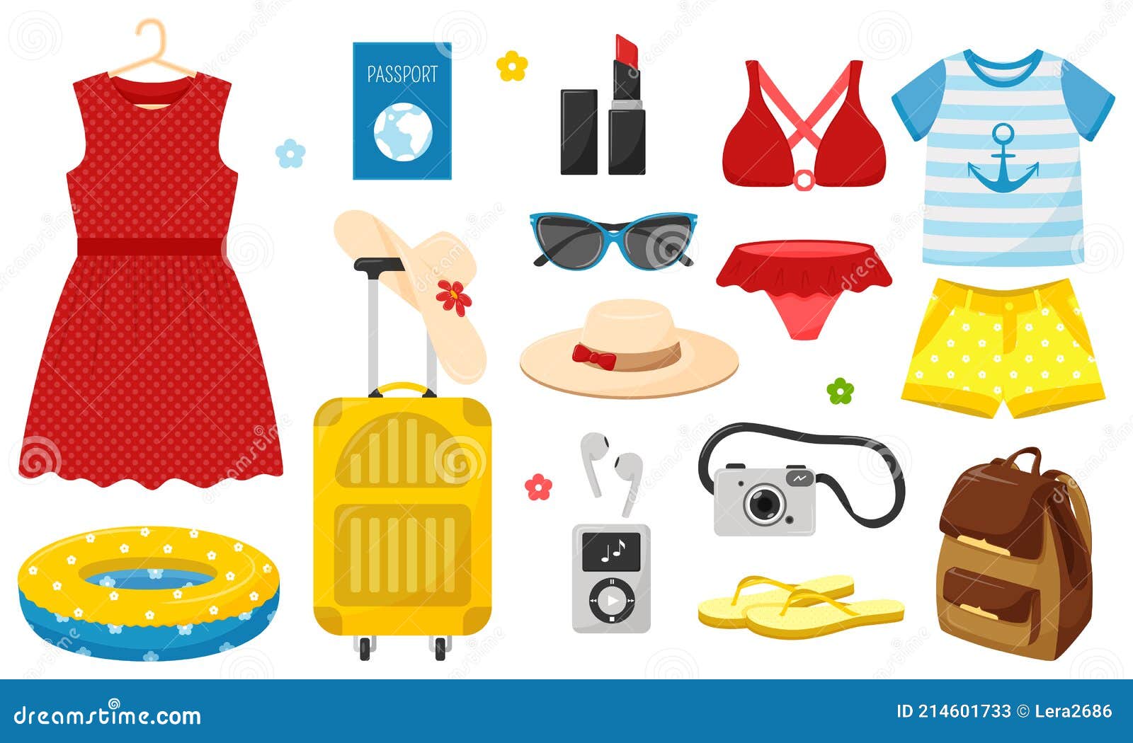 Un Juego De Ropa De Verano Y Cosas Para Vacaciones Y Vacaciones De Verano.  Elementos Vectoriales Decorativos Brillantes En Un Esti Ilustración del  Vector - Ilustración de historieta, lindo: 214601733