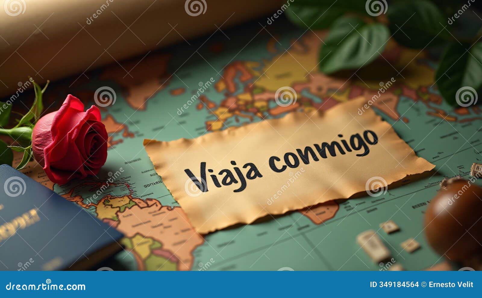 un mapa vintage, una tarjeta con viaja conmigo, una brÃºjula antigua y os como un pasaporte y boletos de aviÃ³n