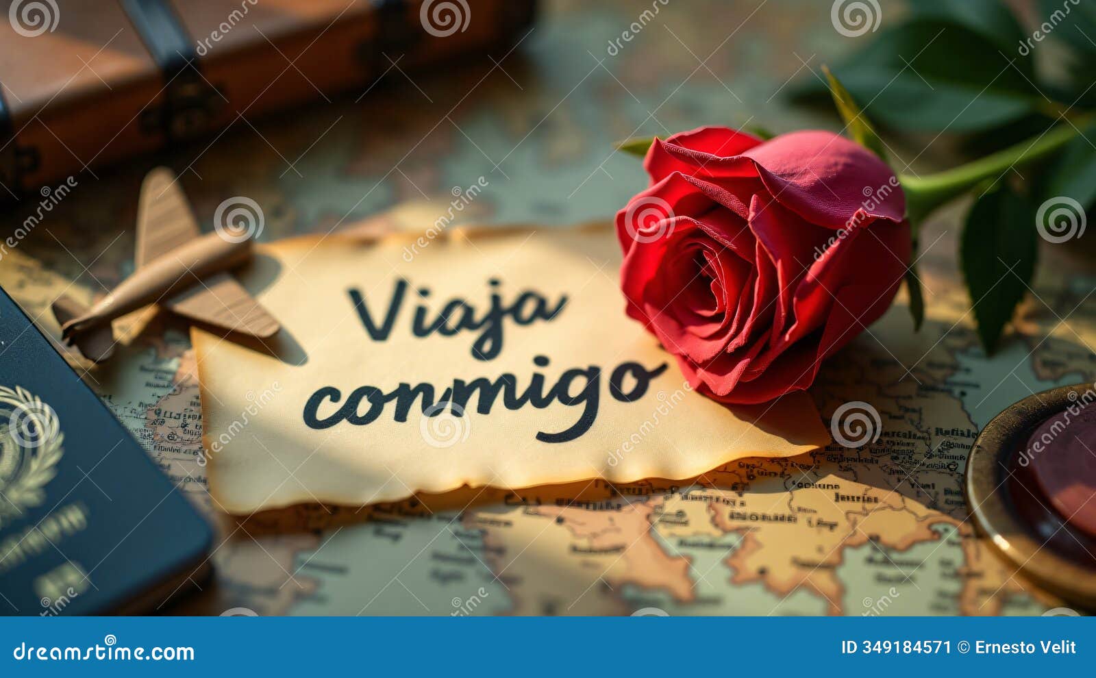 un mapa vintage, una tarjeta con viaja conmigo, una brÃºjula antigua y os como un pasaporte y boletos de aviÃ³n