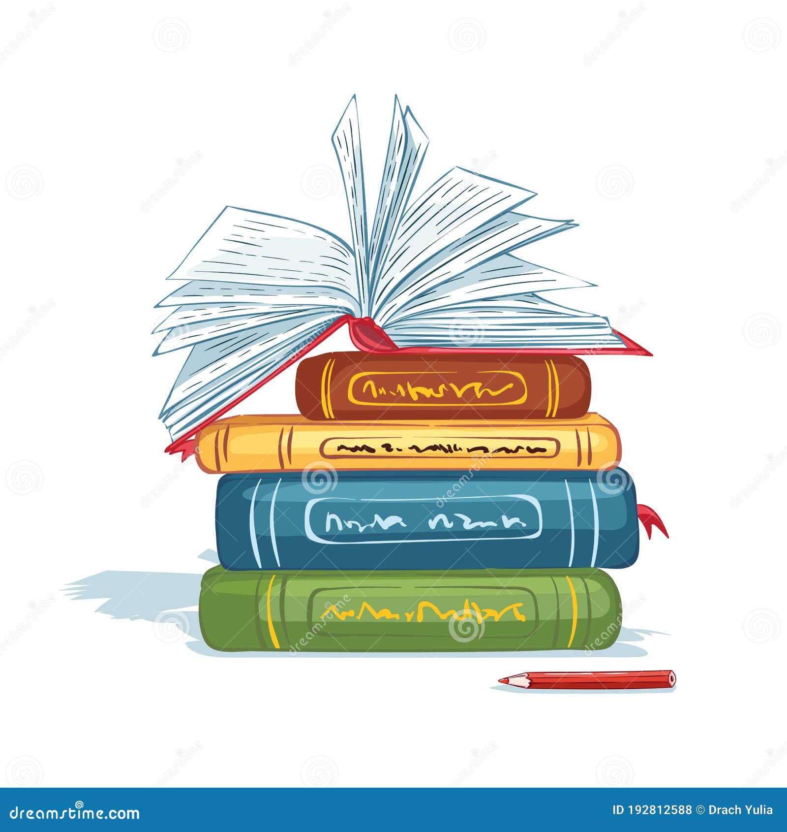 Un Montón De Libros, Un Libro Abierto Y Un Lápiz. Ilustración del Vector -  Ilustración de fuentes, aprendizaje: 192812588
