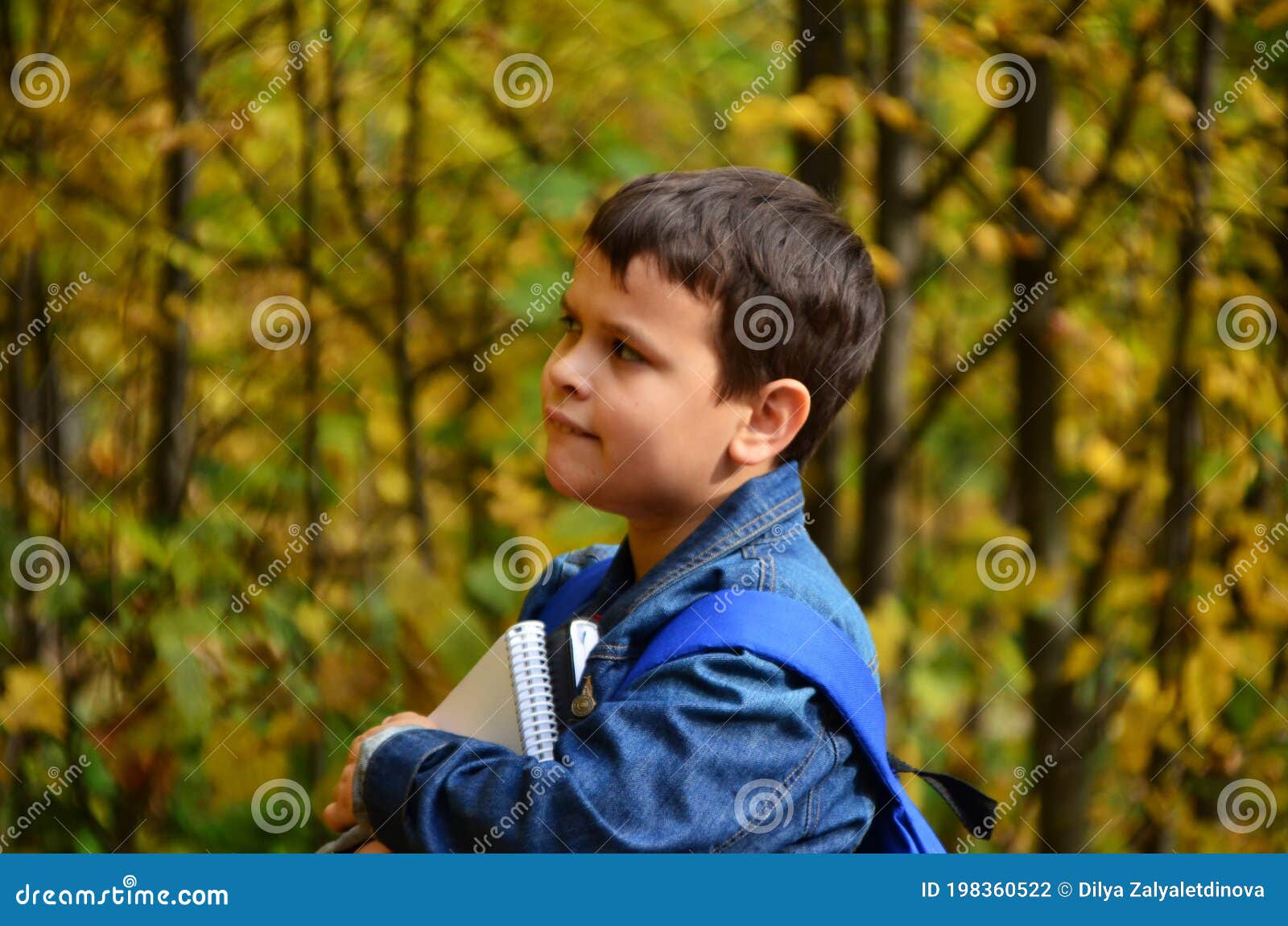 intelectual llorar desencadenar Un Niño Después Del Horario Escolar Camina En El Parque De Otoño Con Una  Chaqueta De Denim Con Libros De Texto Y Notas Con Cuadern Foto de archivo -  Imagen de universidad,