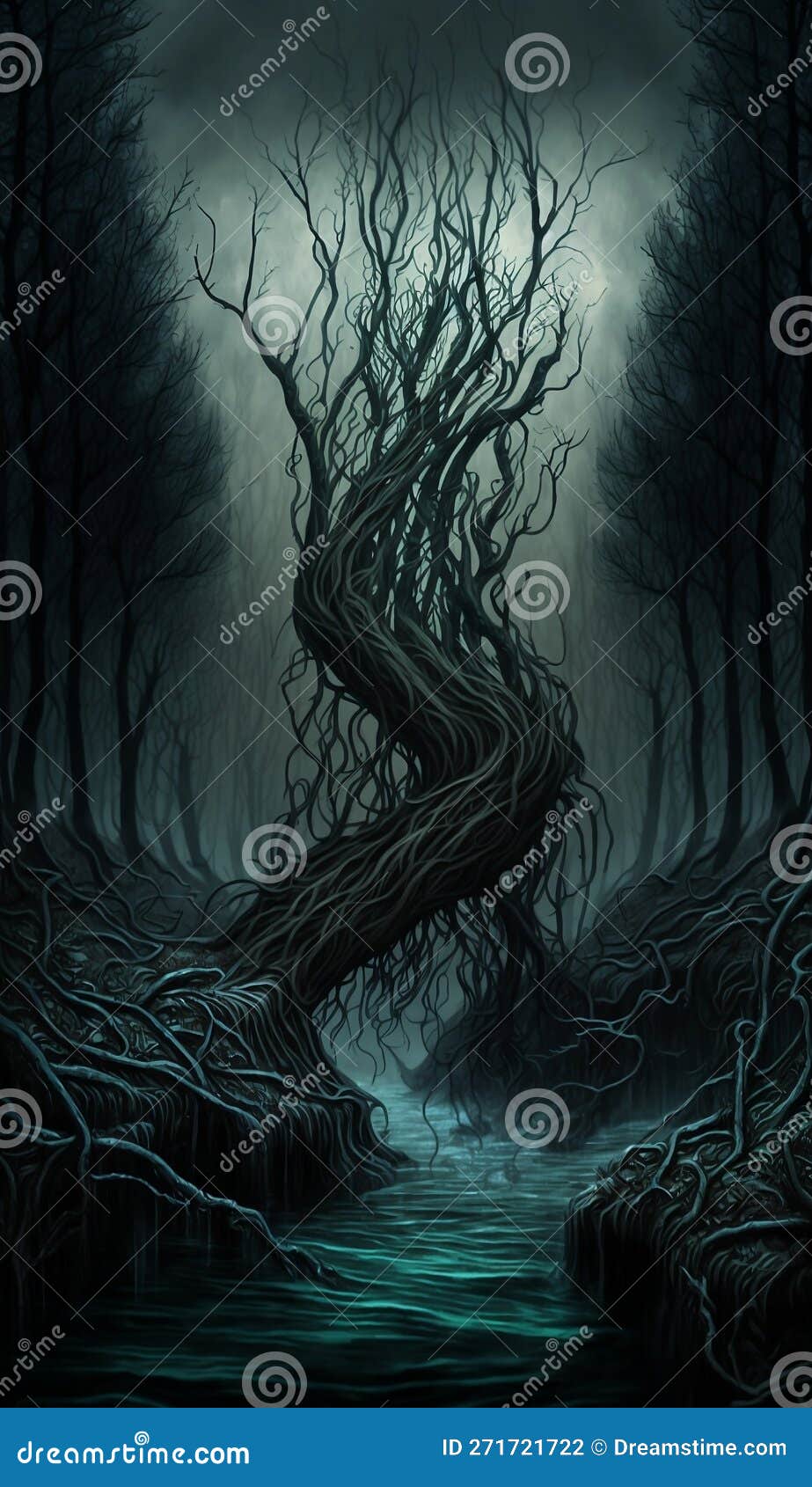 a surreal landscape, a tree and a river, dark and gloomy, with sinister trees