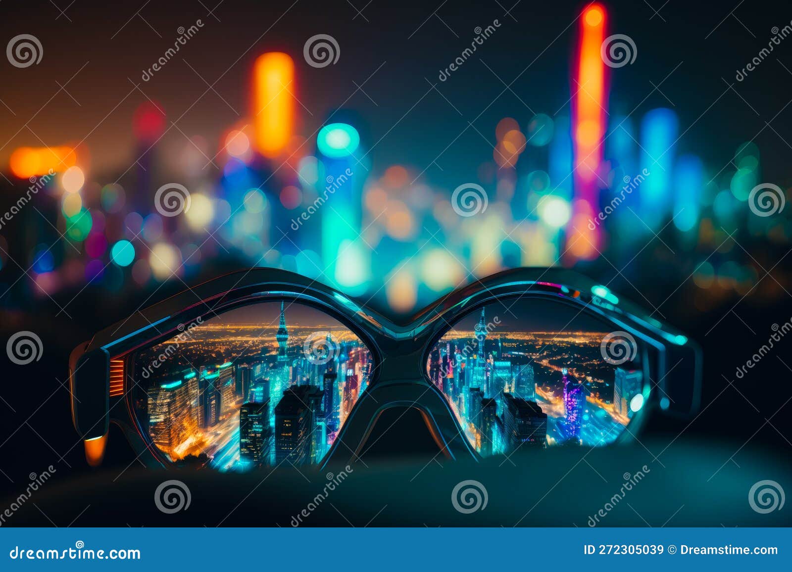 Un Par De Gafas Con Luces De La Ciudad En El Fondo Y Una Imagen Borrosa De  La Ciudad En La Noche. Ai Generativo Stock de ilustración - Ilustración de  ciudad, mirando