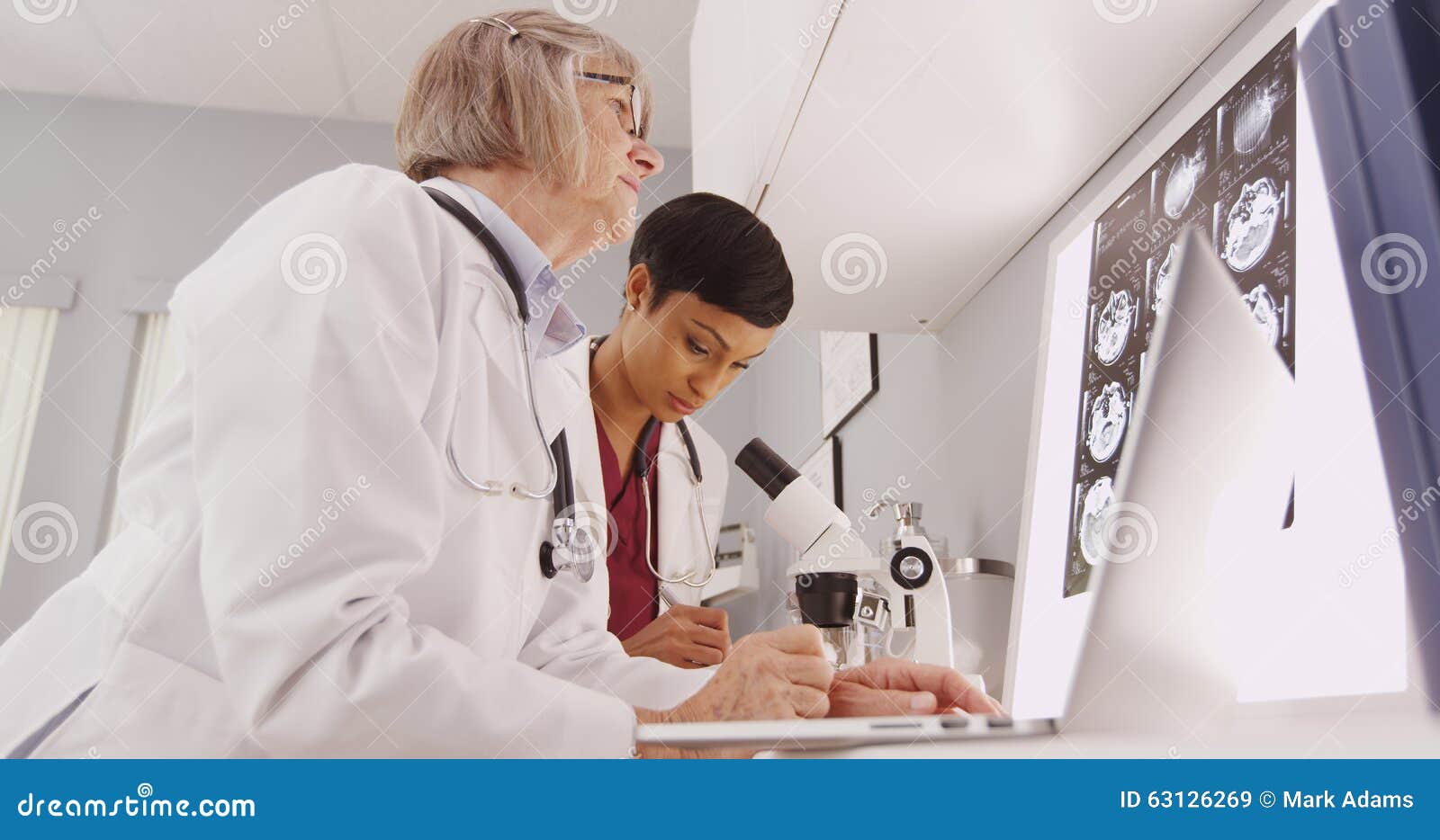Un par de investigadores médicos que miran a través de un microscopio. Un médico y sus radiografías auxiliares del comentario en su oficina