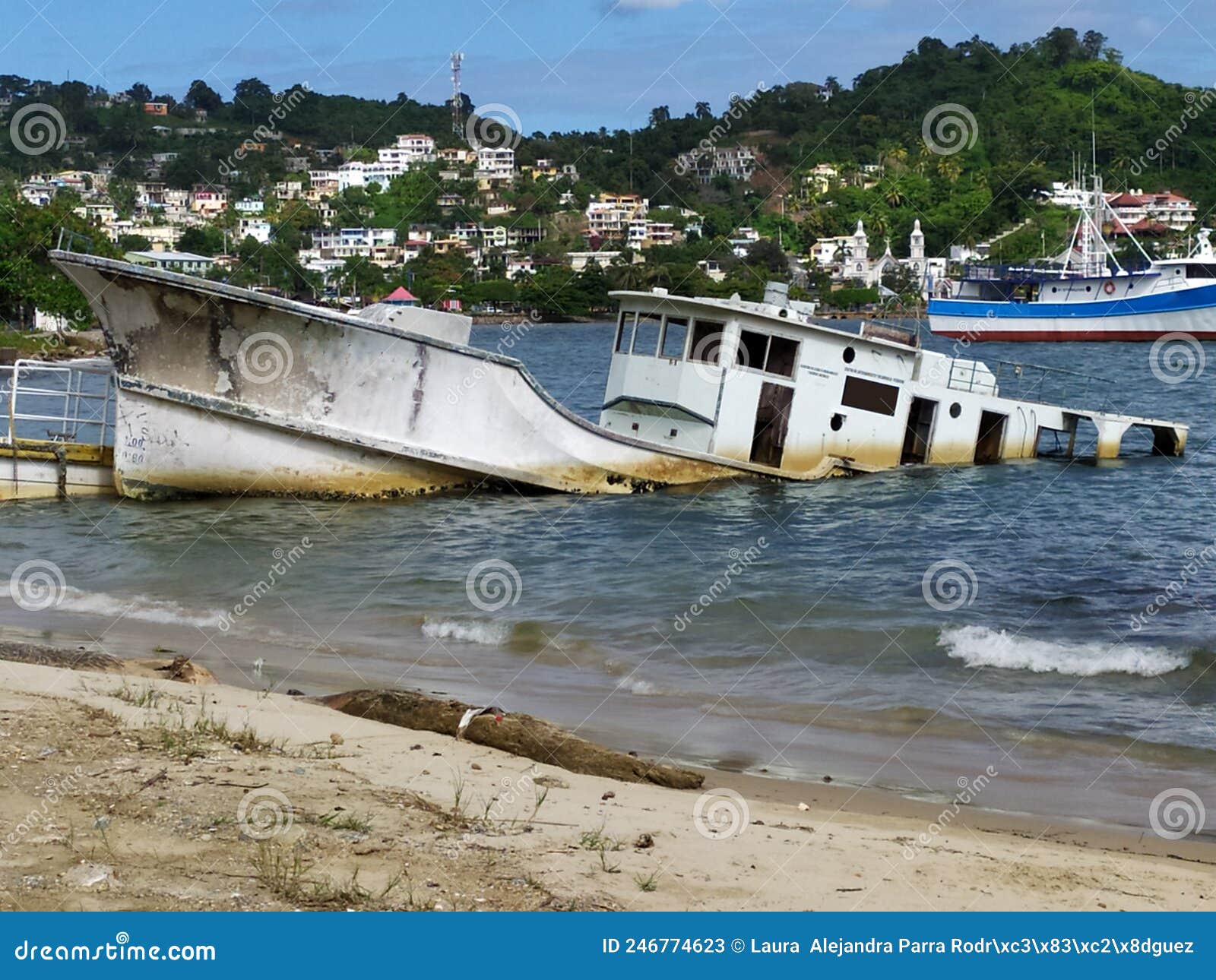 sunken ship on the seashore. barco hundido en la orilla del mar.