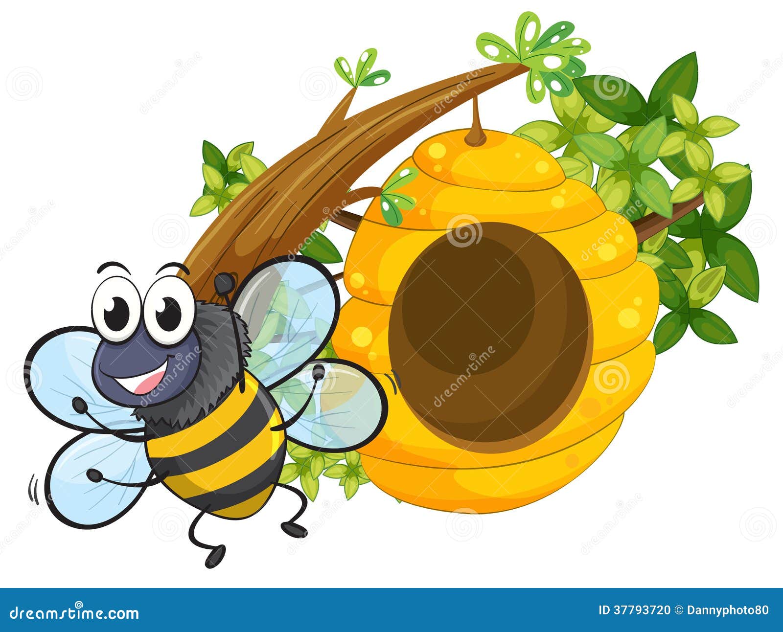 Una Abeja Sonriente Cerca De La Colmena Grande Ilustración del Vector