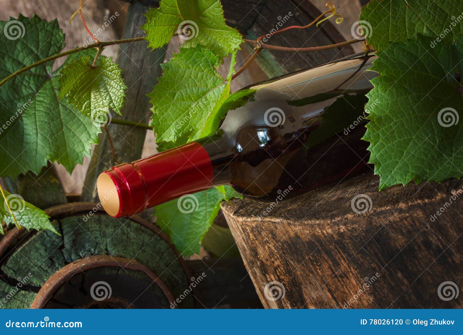 Una botella de vino en el fondo de la vid en una comitiva del vintage