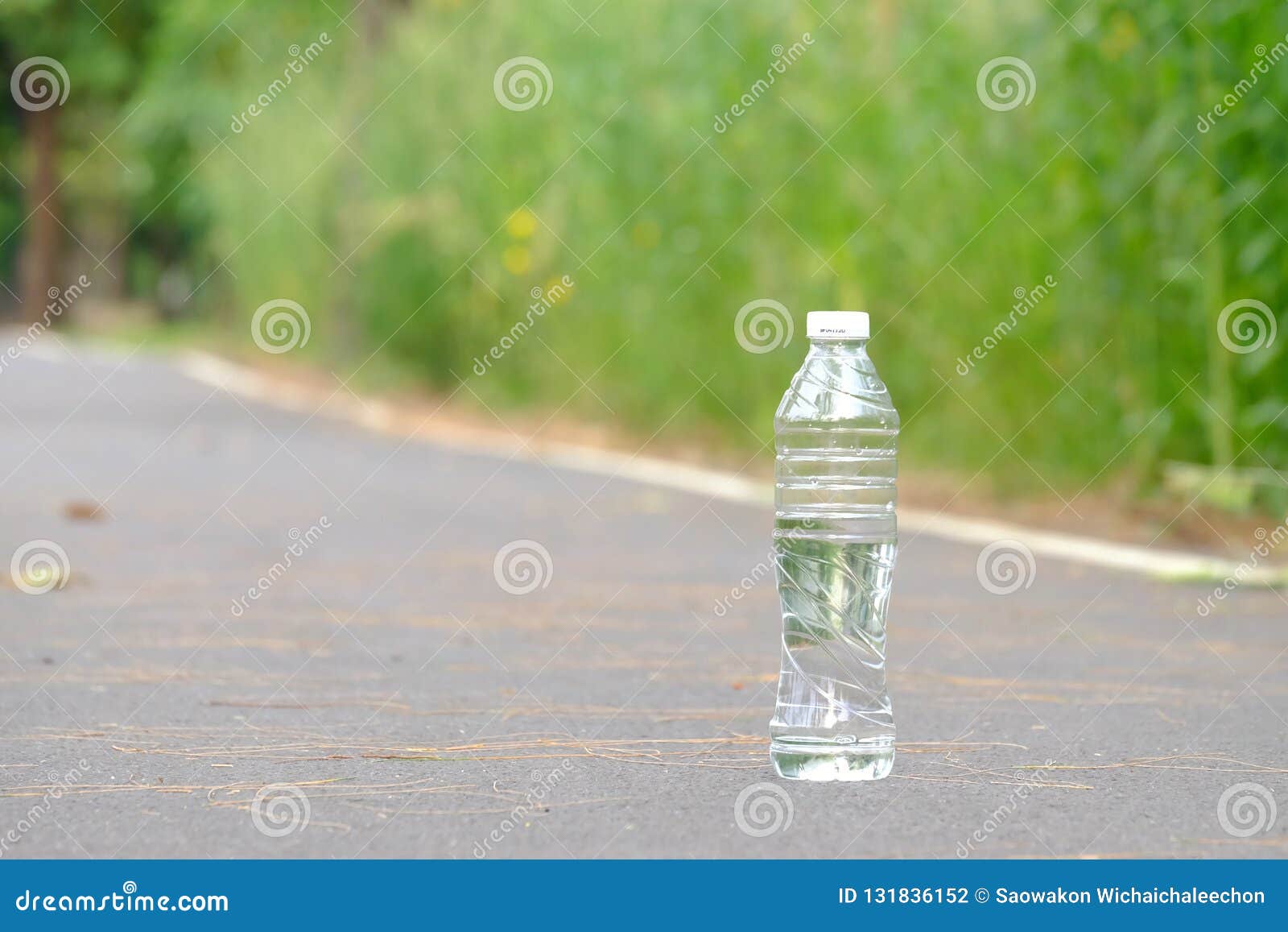 Una botella plástica de agua potable que deja en desorden en el parque del camino con el fondo verde de la naturaleza para un con. Ecología e idea ambiental verde