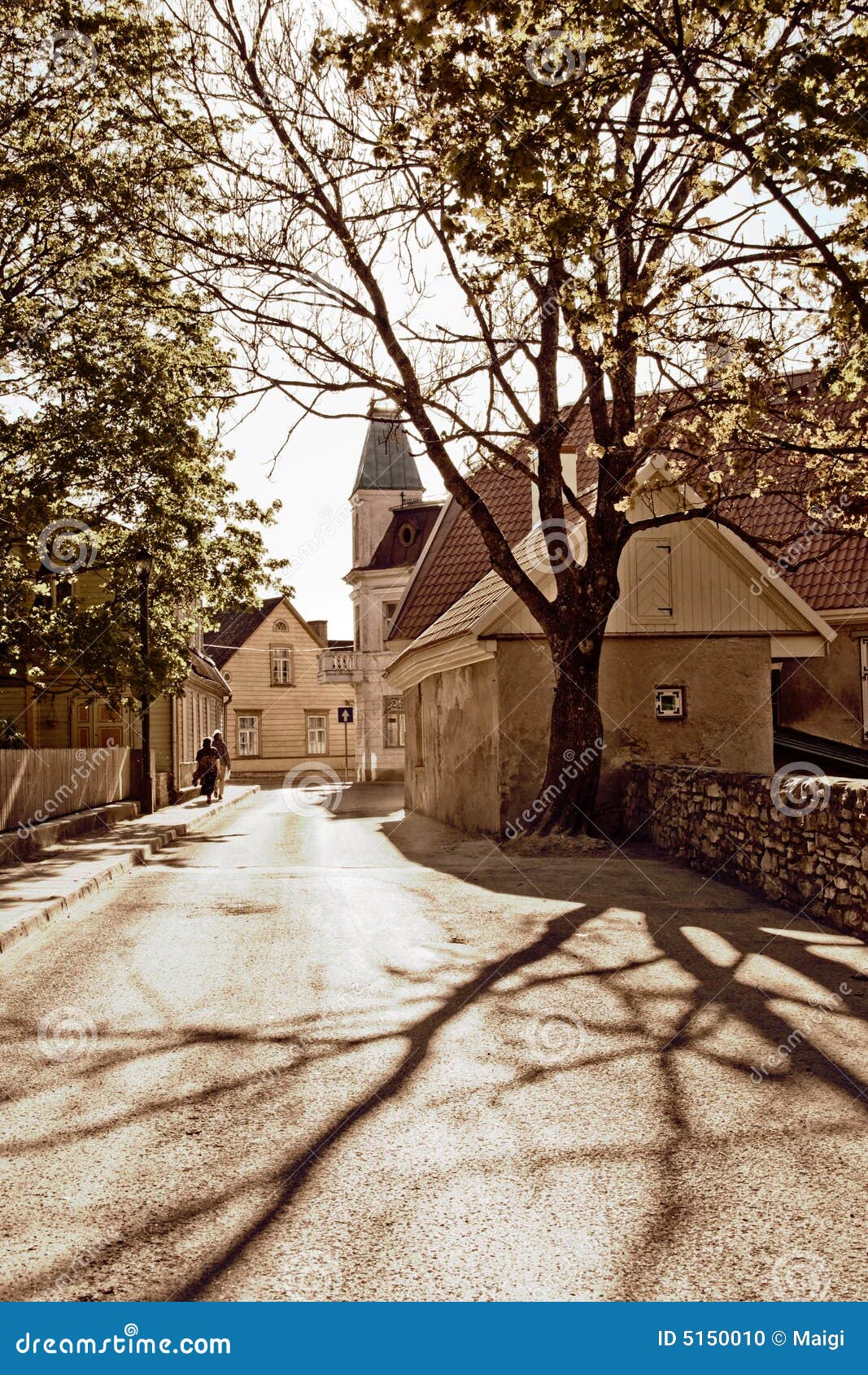 Una calle en una pequeña ciudad. Una calle estrecha que pasa a través de edificios y de árboles de una pequeña ciudad.