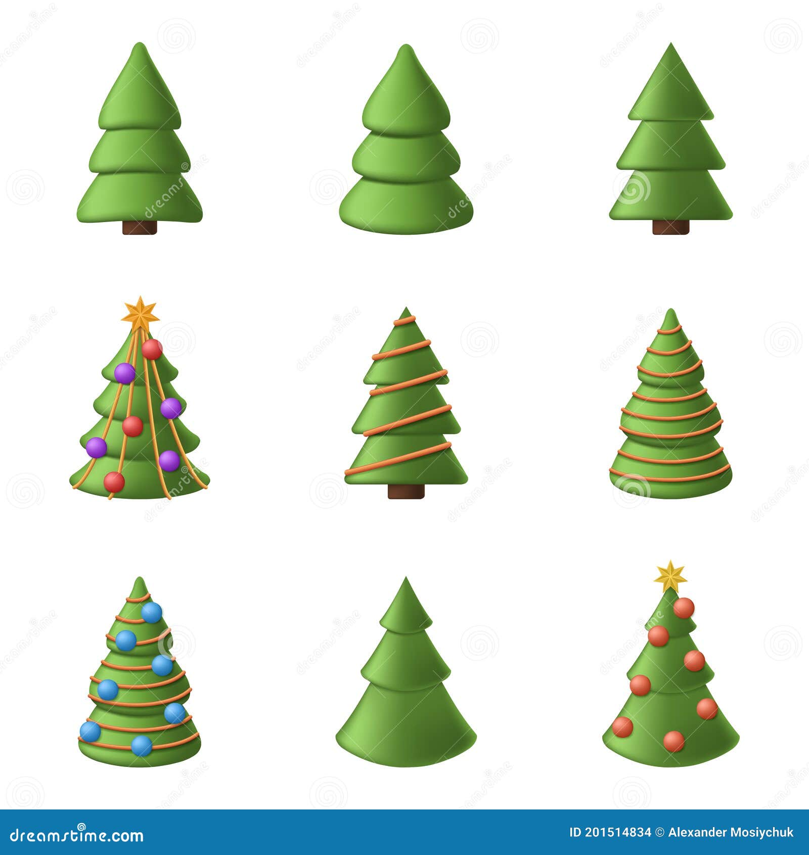 Una Colección De árboles De Navidad De Dibujos Animados En 3d. Ajuste De  Ejemplos Del Vector Del árbol De Navidad Ilustración del Vector -  Ilustración de vector, estrella: 201514834