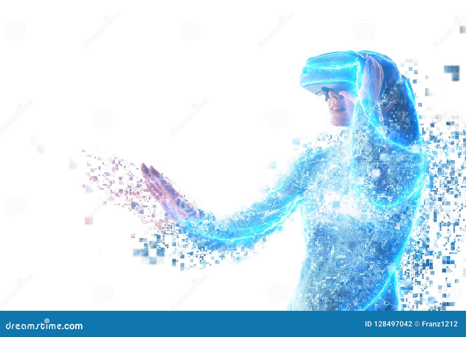Una persona en vidrios virtuales vuela a los pixeles Concepto futuro de la tecnología Tecnología de la imagen moderna