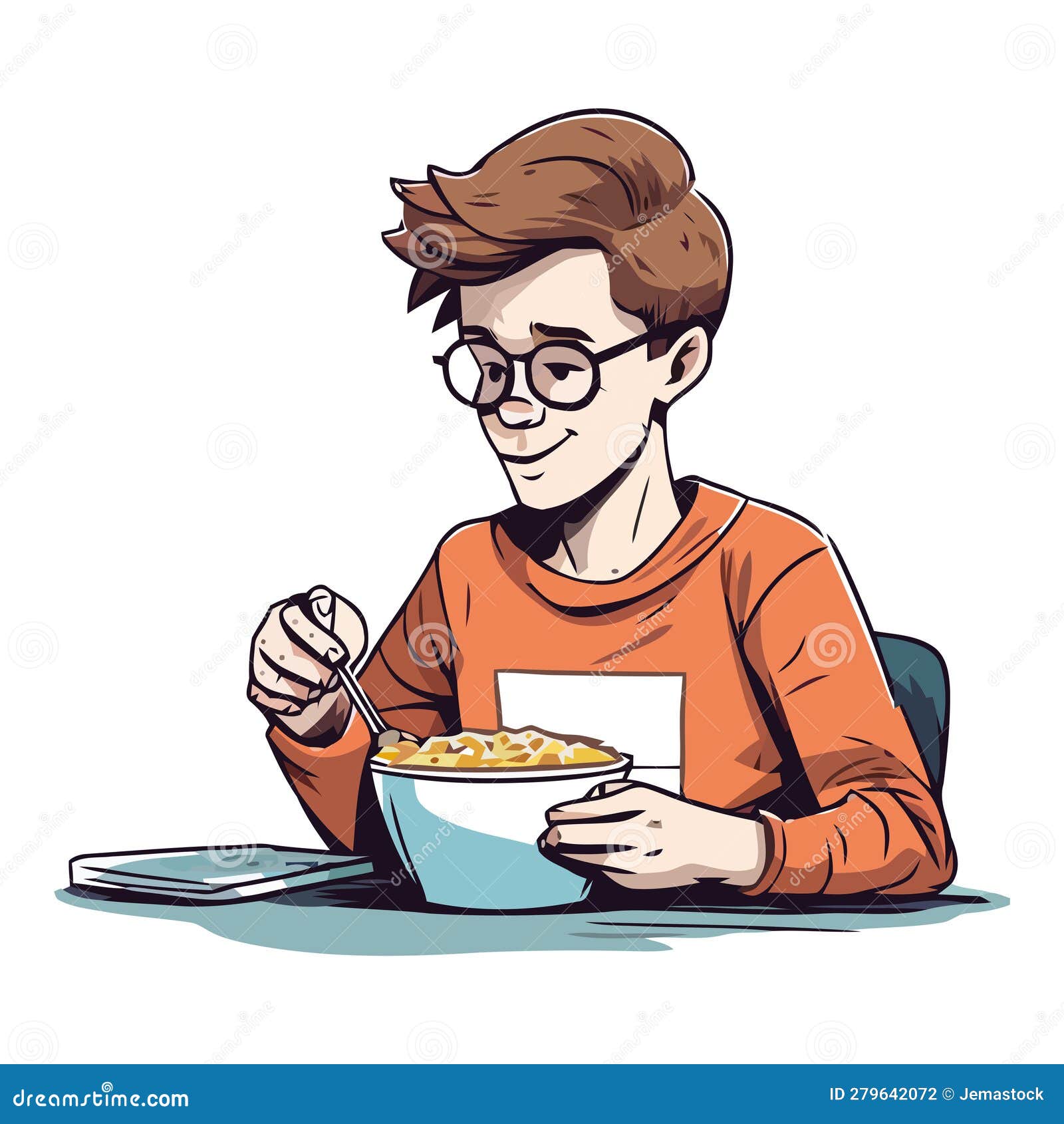 Una Persona Sentada En La Mesa Comiendo El Almuerzo Ilustración del