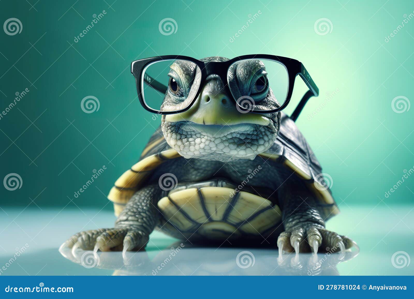 Una Tartaruga Che Porta Occhiali Seduti Sopra Un Tavolo. Immagine