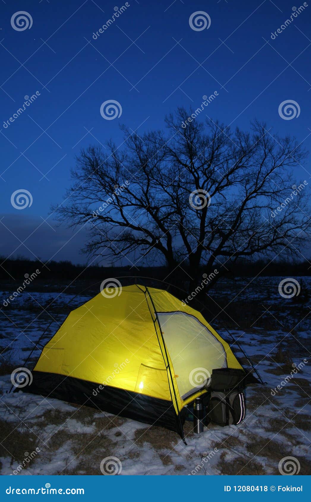 Una tenda illuminata su al crepuscolo. Tenda di Lit nella notte di inverno con la quercia su priorità bassa