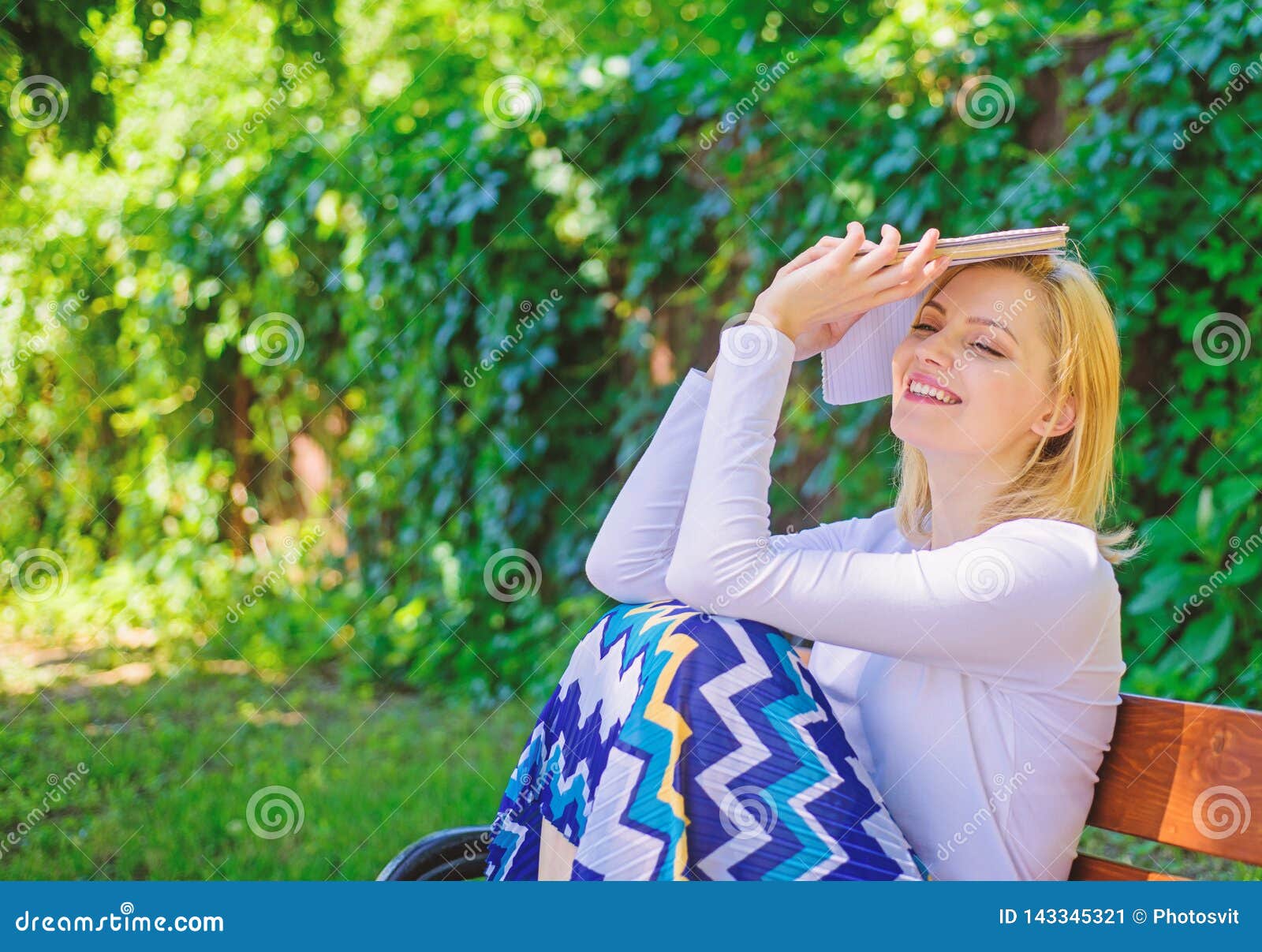 Unbelievable Ending. Girl Sit Bench Relaxing with Book, Green Nature ...