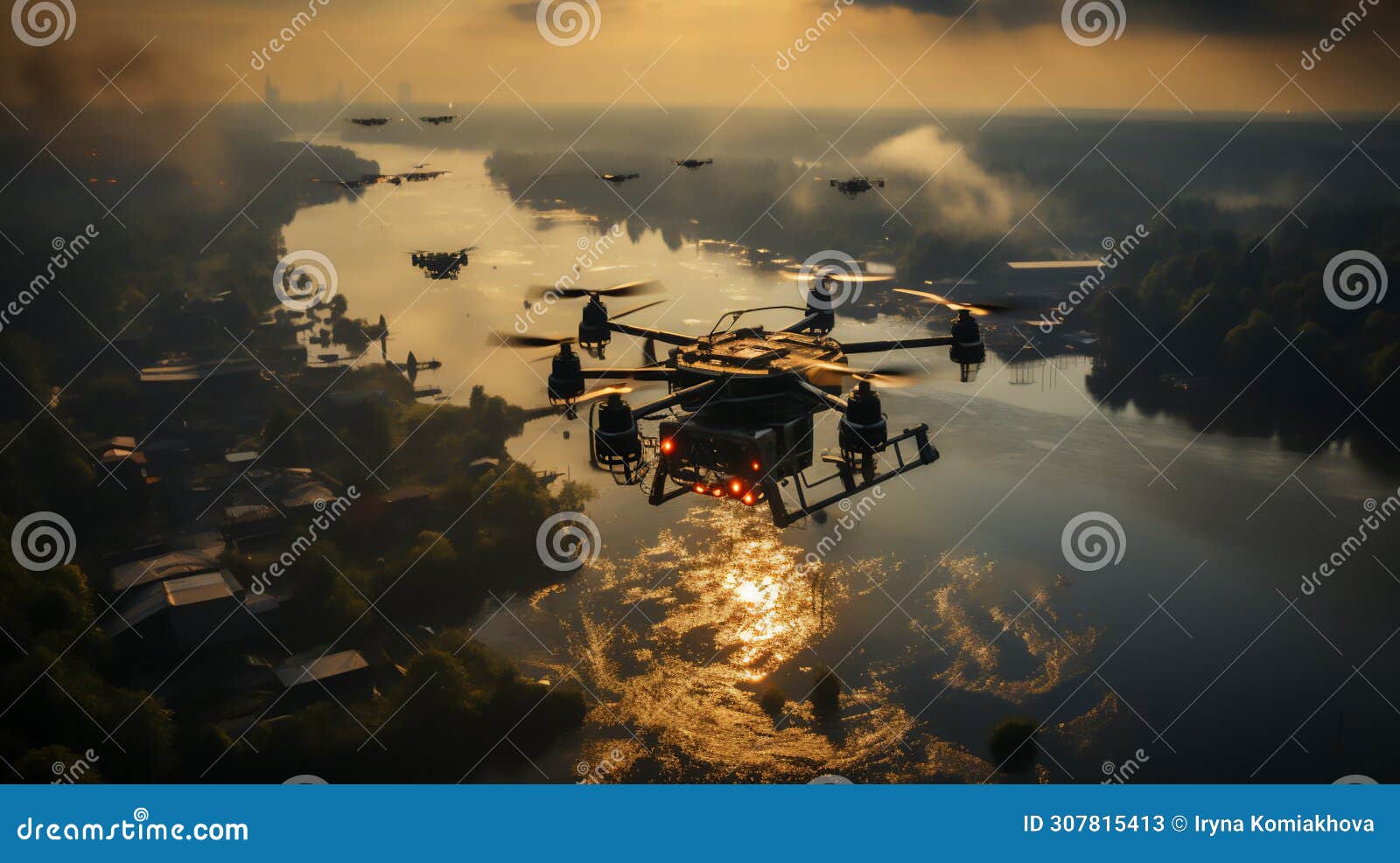 unbemannte flugzeuge fliegen vor dem hintergrund einer brennenden stadt