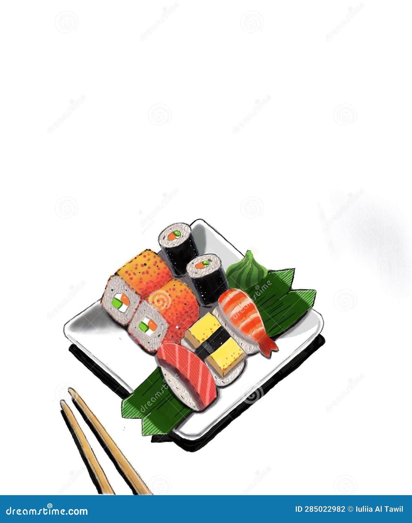 Different Types of Sushi on a Plate. Stock Illustration Illustration