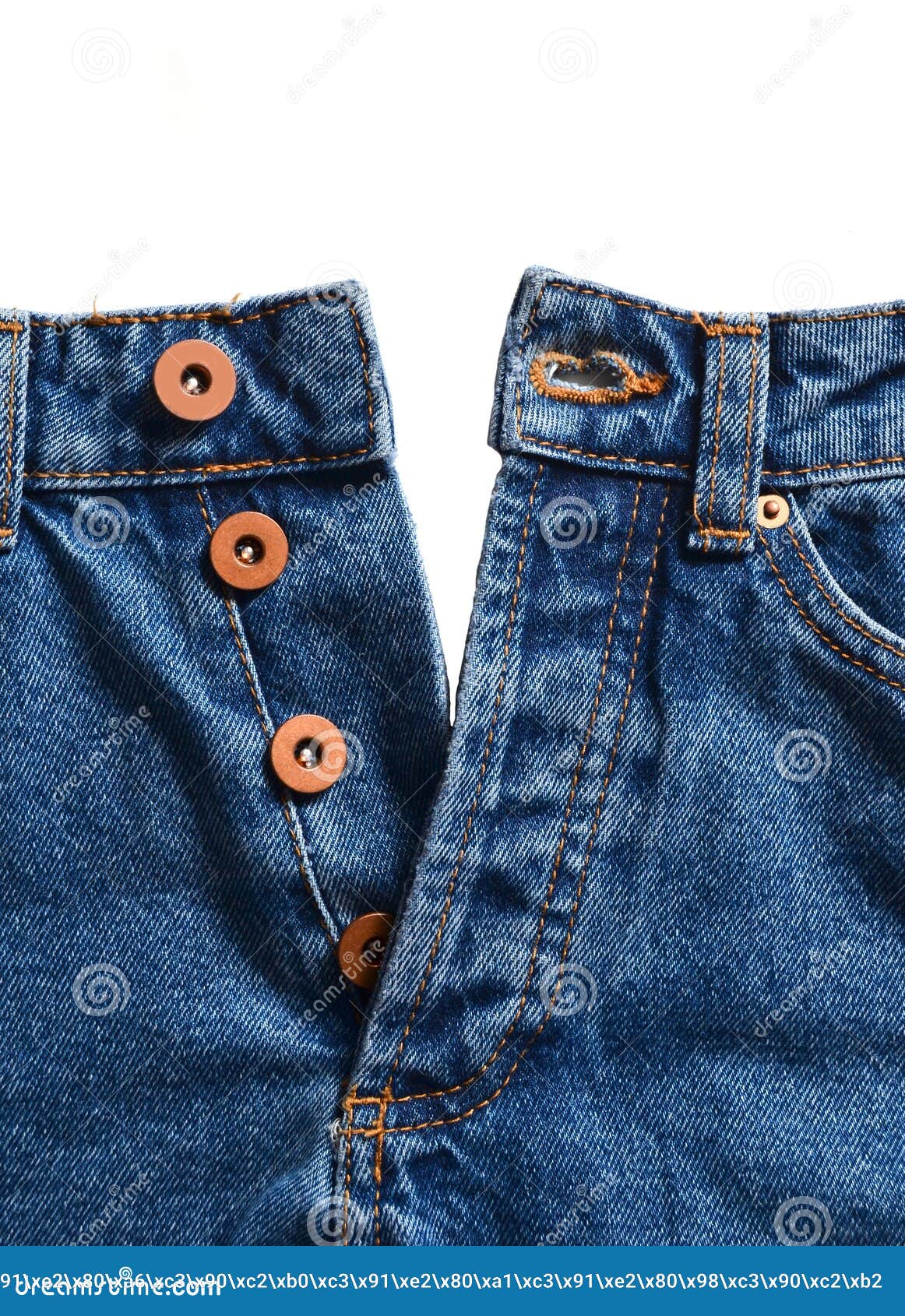 Unbuttoned Blue Jeans with Metal Buttons on a White Background. Space ...