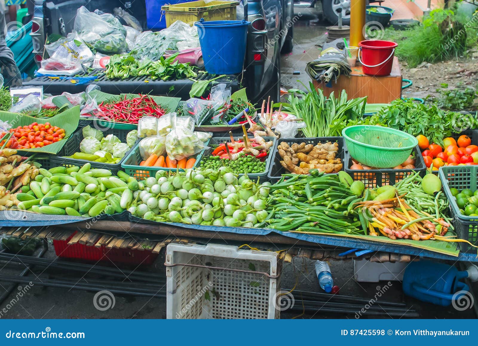 unclean vegetable sale food rural street market in asia.