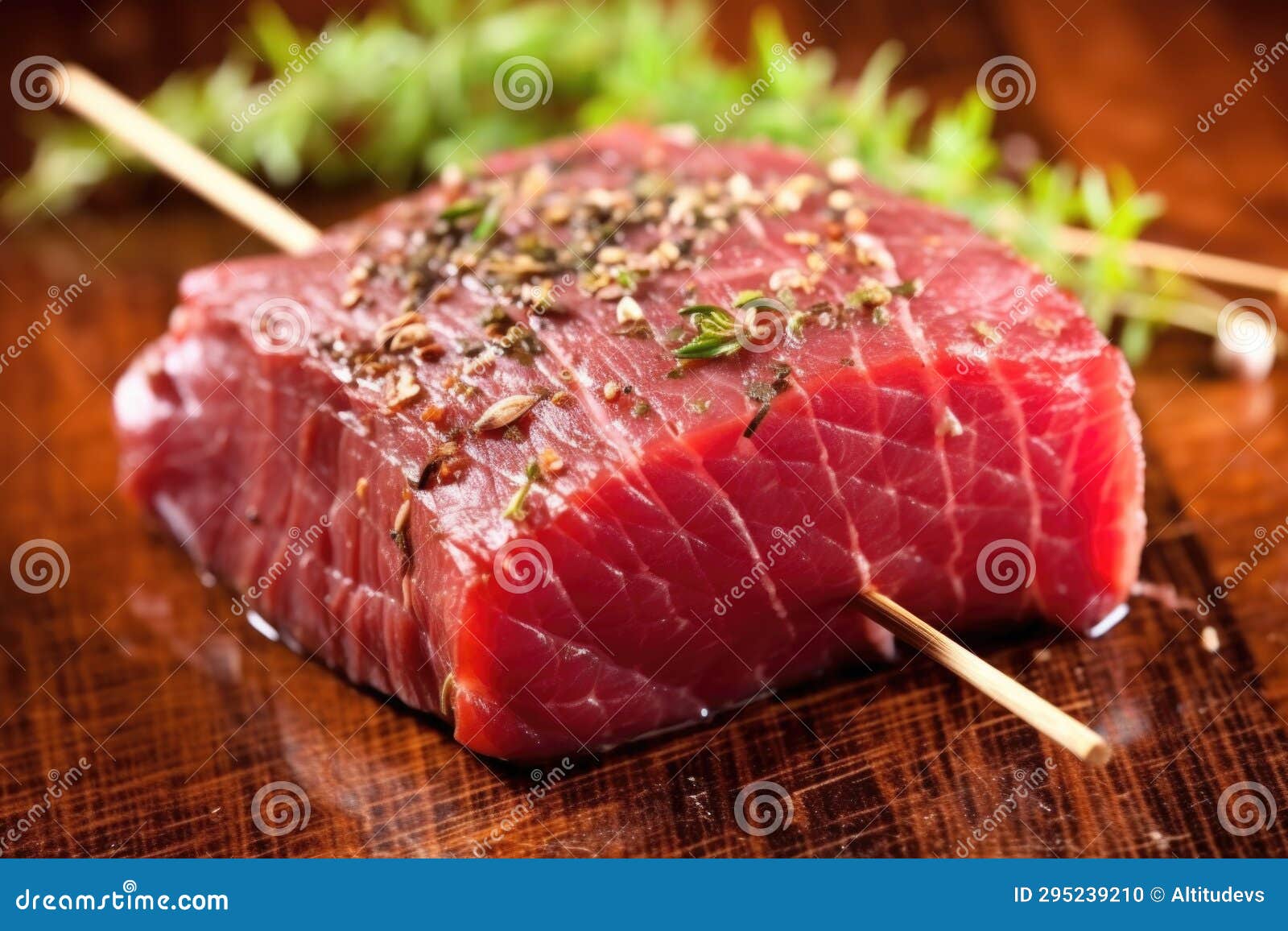Uncooked Marinated Filet Mignon on a Bamboo Skewer Stock Photo Image