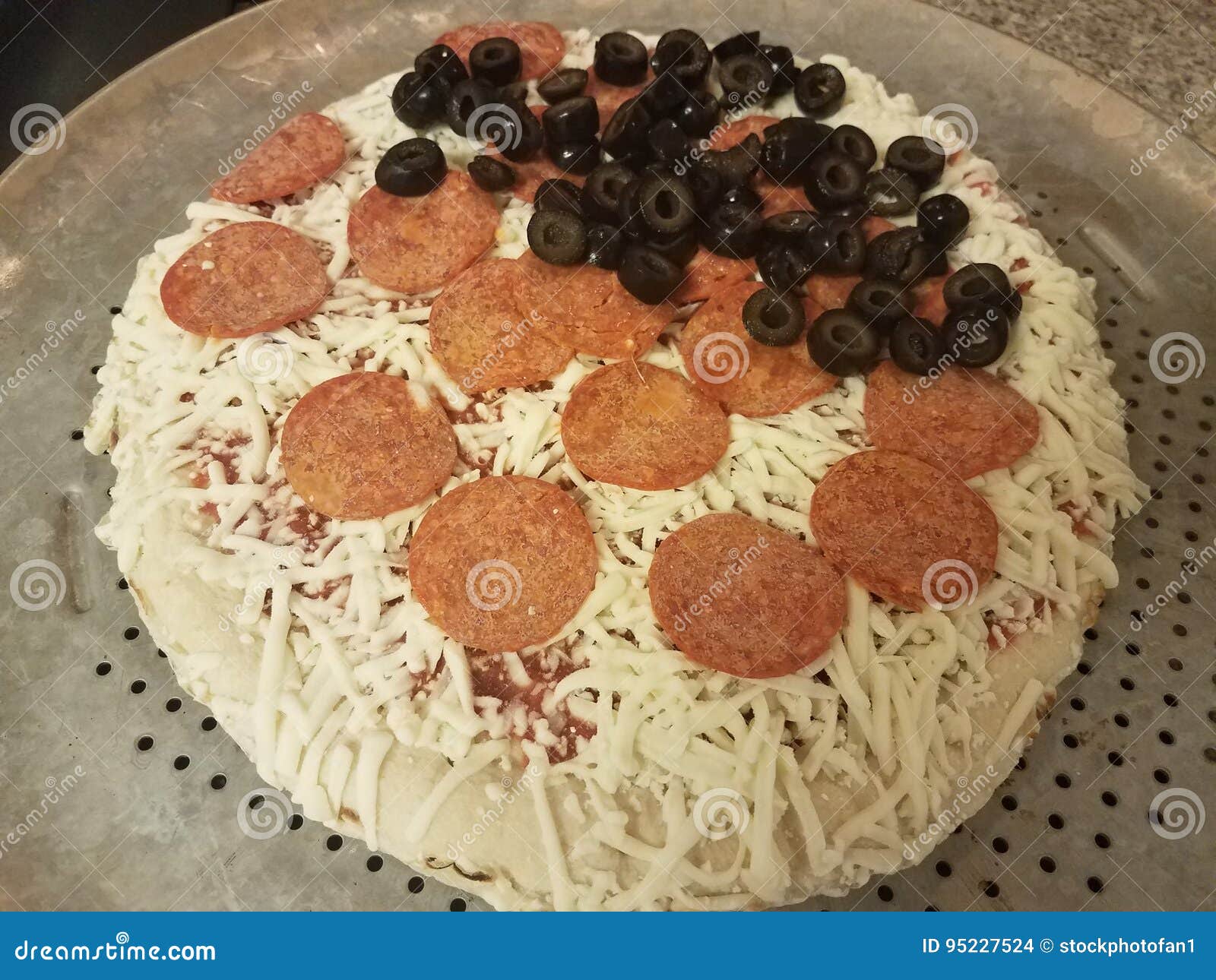 Uncooked Pepperoni and Olive Pizza Stock Photo Image of lunch