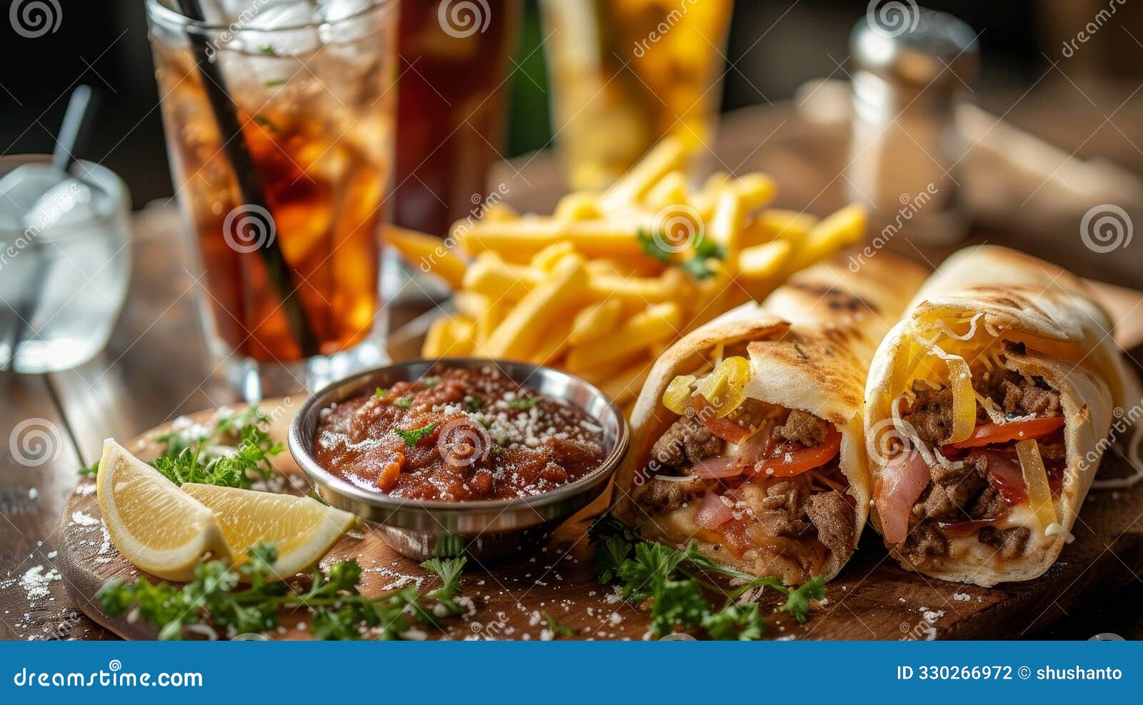 delicious swarma with french fries and soft drinks