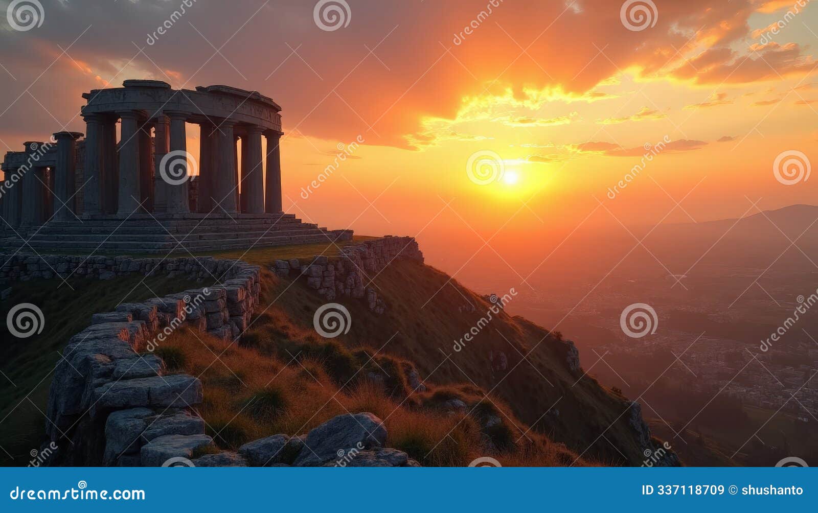 historical landmark of ancient ruins during sunset with dramatic lighting