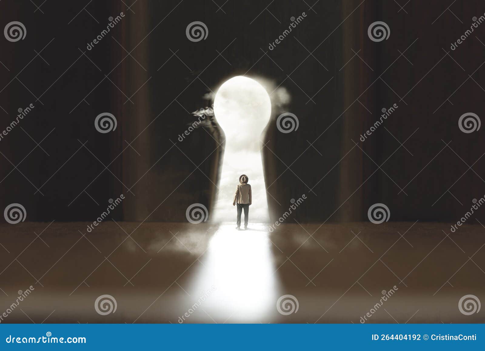 undecided man waits looking outwards whether or not to get out of a lock, surreal concept of freedom, success, business, change, d