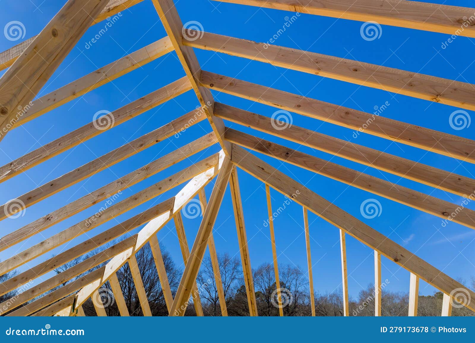 Under Construction, a New Building with Timber Truss Frames and Wooden