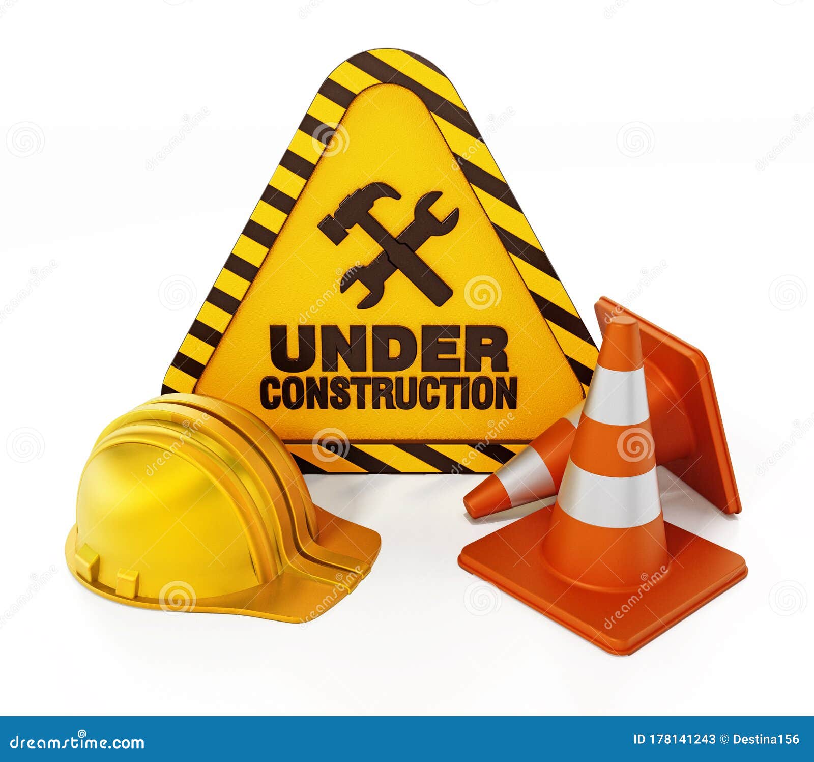 Under Construction Signboard, Helmet and Traffic Cone. 3D Illustration