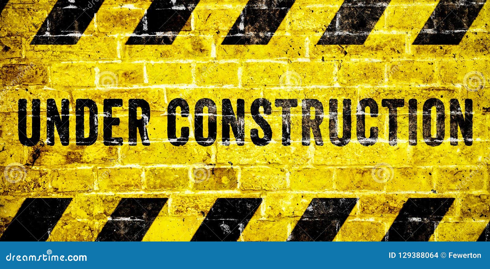 Under Construction Warning Sign With Yellow And Black Stripes On Brick Wall Texture Background In Wide Panorama Format Stock Photo Image Of Attention Building